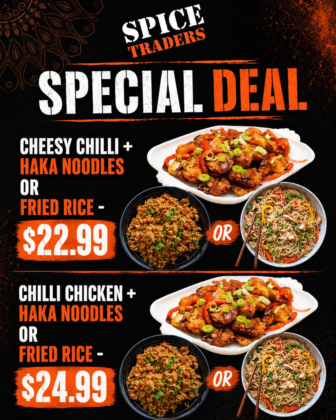 Craving for Combo? Enjoy Cheese Chilli or Chilli Chicken with your choice of Noodles or Fried Rice!
