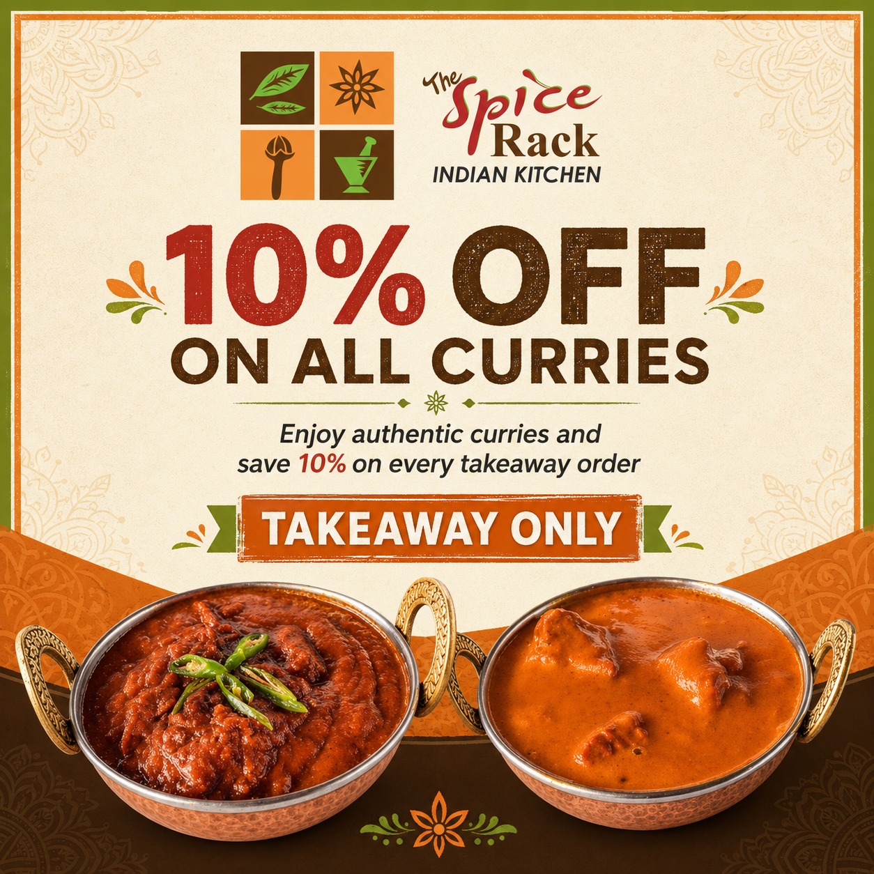 10% Off All Curries Including Chef Special for Takeaways Only