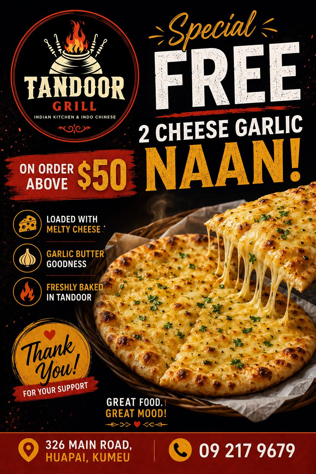 2 x Cheese Garlic Naan over $50
