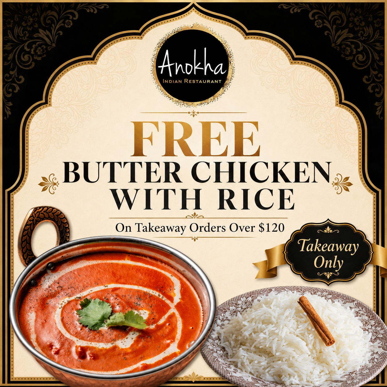 FREE Butter Chicken with rice on order over $120