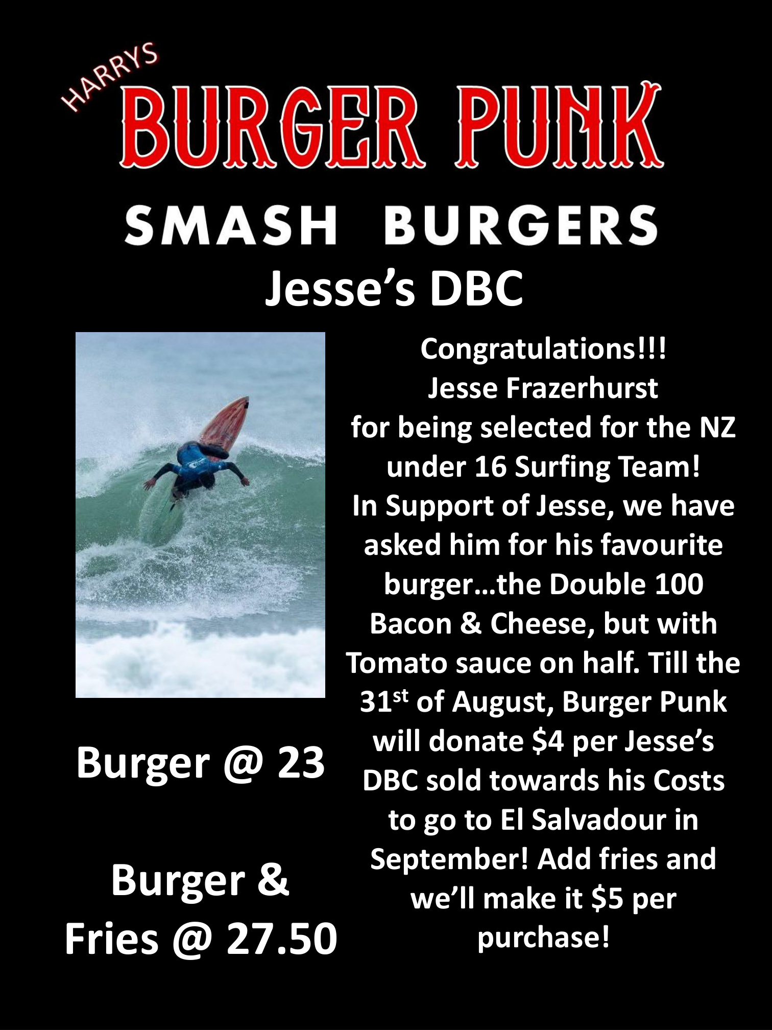 Grab Jesse’s Favourite Burger & Help Support His Surfing Journey — Every Bite Makes A Difference!